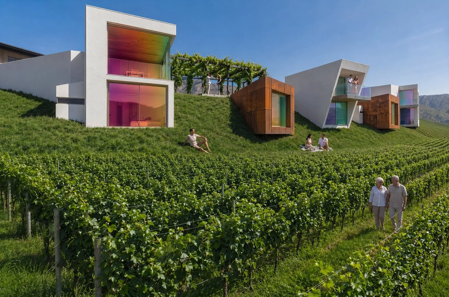 Suite panoramiche colorate immerse nel vigneto, progetto Studio Petracca